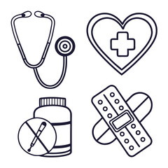 Medical icons including stethoscope heart with cross medicine bottle and bandages