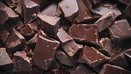 Broken chocolate bar pieces, top view pattern, slow motion
