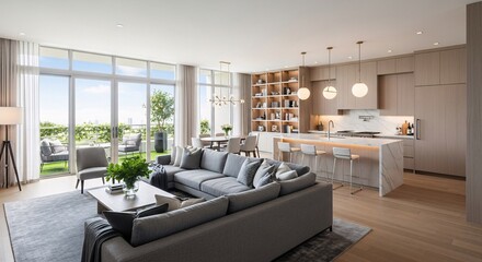 Modern open concept living room with kitchen and outdoor patio design and interior design ideas