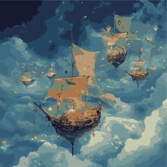 Whimsical illustration of a fleet of fantastical ships sailing through a dreamlike sky. This artwork captures a sense of wonder and imagination.