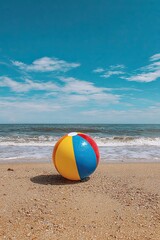 Obraz premium Colorful inflatable beach ball on sandy shore with ocean waves and blue sky on bright summer day