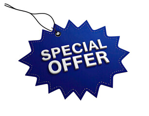 Blue special offer tag with bold promotional text and discount label design isolated on white background