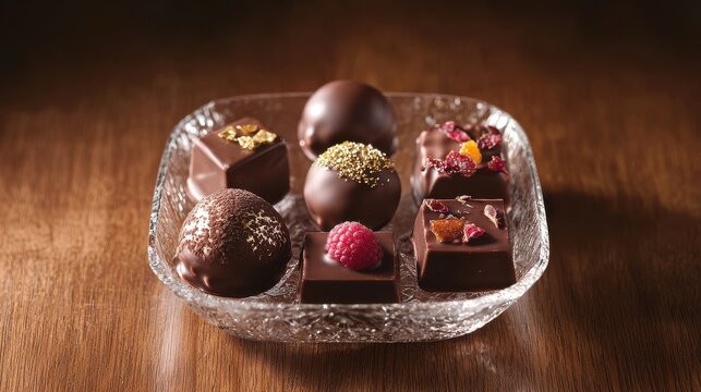Truffle selection display featuring artisanal chocolate bonbons with berry toppings in elegant cut crystal dish on wood surface - Powered by Adobe