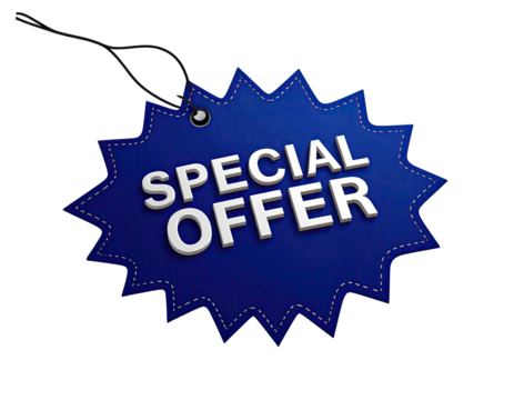 Blue special offer tag with bold promotional text and discount label design isolated on white background