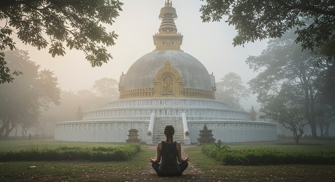 Meditative Serenity: Woman in Lotus Pose Before the Shanti Stupa in Misty Lumbini