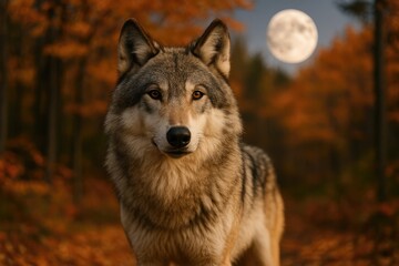 Obraz premium Autumn landscape featuring a gray male wolf in the wilderness