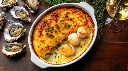 Luxury seafood gratin with golden-brown crust and tender scallops presented with oysters and thyme garnish