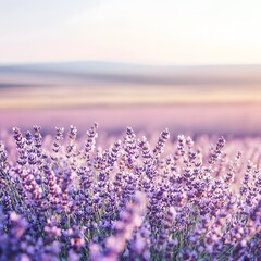 Lavender fields at sunrise with soft focus and serene landscape