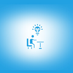 A minimalist blue icon depicts a person sitting at a desk, with a glowing lightbulb symbolizing an idea above their head. The background is a soft blue gradient.