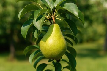 Close-up of a pear on a pear tree in a garden