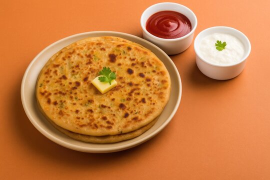 Classic Indian dish: stuffed potato flatbread paired with ketchup and yogurt on vibrant background
