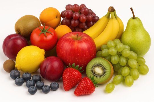 Various mature fruits displayed on a plain white backdrop