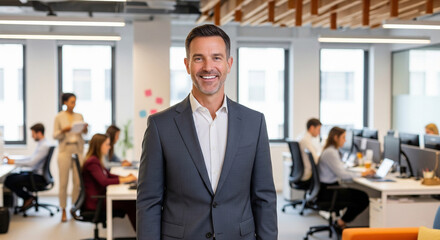 Portrait of a smiling mature businessman in a suit stands confidently in a modern, open-plan office with colleagues working in the background