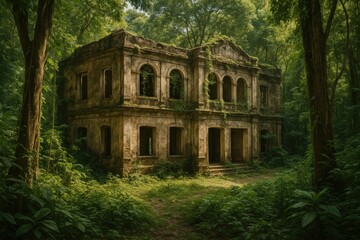Obraz premium Derelict structure hidden within dense jungle foliage