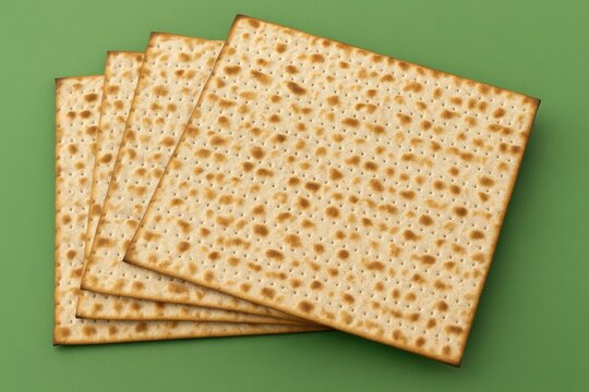 Green background featuring traditional Jewish Passover bread, Matzo