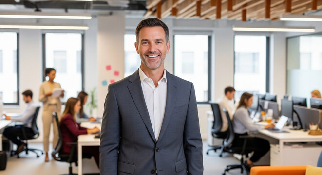 Portrait of a smiling mature businessman in a suit stands confidently in a modern, open-plan office with colleagues working in the background