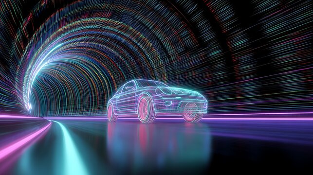 Car Driving Through Neon Tunnel