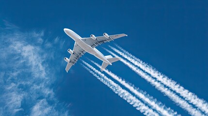 Large white airplane flying through blue sky with visible contrails trailing from engines during flight
