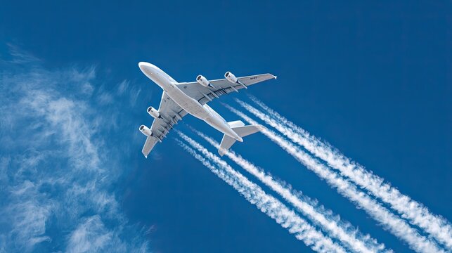 Large white airplane flying through blue sky with visible contrails trailing from engines during flight