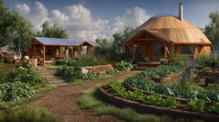 Fototapeta premium Eco-living homestead with composting area, vegetable beds, and clean sky