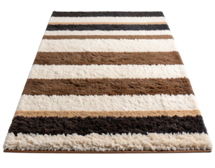 Brown and Beige Striped Shaggy Floor Rug, Transparent Background PNG