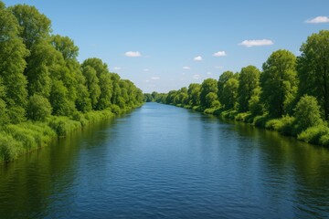 Fototapeta premium Vast azure waterway bordered by lush foliage under bright sunlight