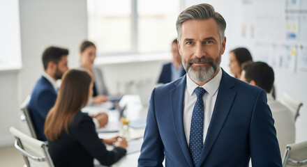 Confident Executive Manager in a blue suit smiling, with his team collaborating in a bright modern meeting room in the background