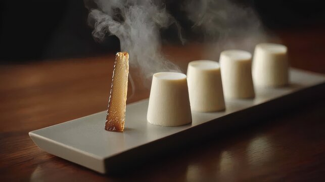 Vanilla panna cotta quartet with caramelized sugar tuile garnish on dark ceramic plate, warm restaurant lighting with rising steam