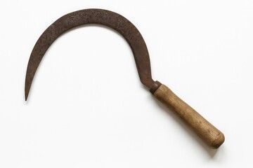 Vintage rusty sickle with wooden grip isolated on a white backdrop