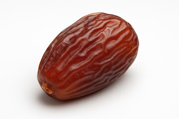 Detailed close-up of a single dried date against a white backdrop