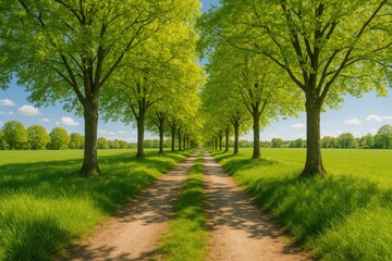 Fototapeta premium Scenic nature scene featuring a winding trail, lush alley trees, vibrant green grass, and a bright spring sun
