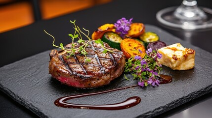 Bison steak presentation showcasing premium thick-cut filet with beautiful sear marks accompanied by roasted Brussels sprouts and purple edible flowers on dark stone surface