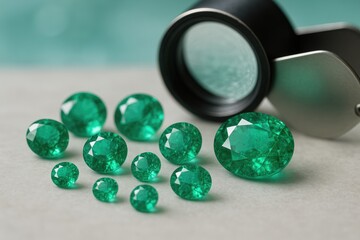 Detailed close-up of round and oval cut natural emeralds viewed through a magnifier against a blurred background