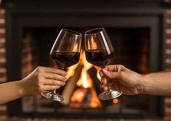 Couple celebrating with red wine glasses by a cozy fireplace