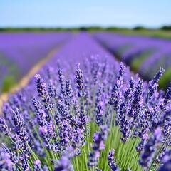 Obraz premium Vibrant lavender fields under clear blue sky in full bloom