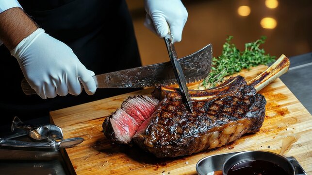 Carving station action shot of chef slicing premium beef roast with professional knife revealing perfect medium-rare interior on wooden cutting board