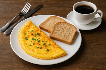 Freshly cooked omelet served with bread on rustic wooden surface