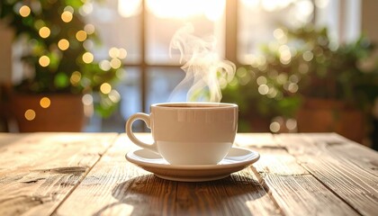 Fototapeta premium Warm cup of coffee on a wooden table, sunlight through window