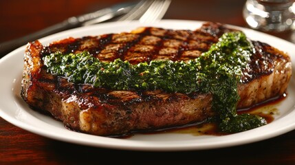 Premium grilled steak with vibrant green chimichurri sauce and herbs plated elegantly on white dish in luxury restaurant setting