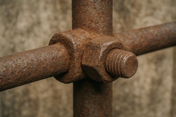 Aged and corroded fastener positioned at the connection point.
