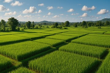 Countryside landscape featuring lush rice paddies