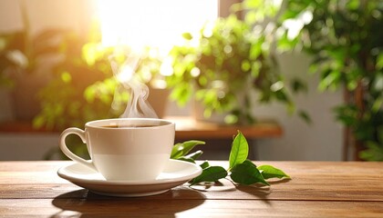 Warm cup of coffee, plants, sunlight