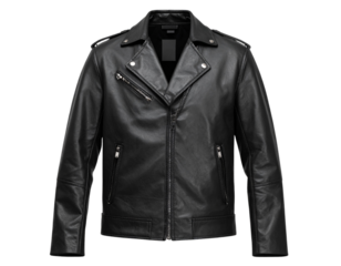  Classic Black Leather Biker Jacket with Zippered Pockets, Front View PNG