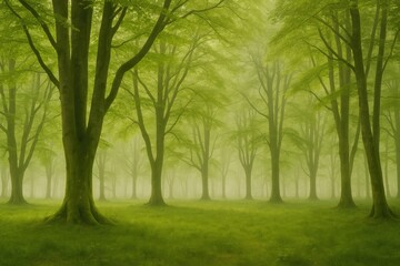 Obraz premium Foggy dawn in ancient beech woodland