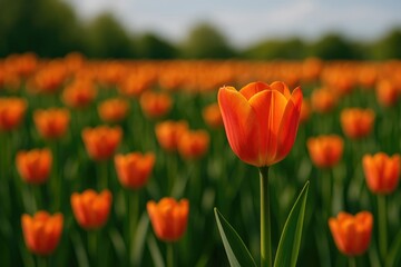 Obraz premium Vibrant Orange Tulip Blooming in a Vast Flower Field