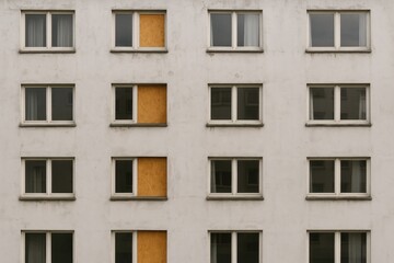 Fototapeta premium Overview of a neglected apartment complex with windows and boarded-up sections, captured from left to right.