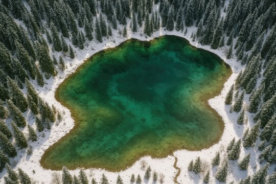 Aerial view of a serene lake surrounded by dense forest during winter, with snow-covered ground and vibrant green and turquoise waters