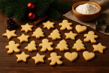 Festive holiday treats: assorted shaped butter cookies on a rustic wooden surface with seasonal decorations