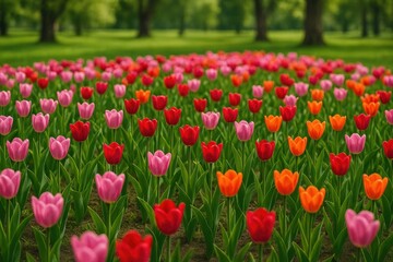 Fototapeta premium Vibrant springtime tulips blooming in a spacious garden