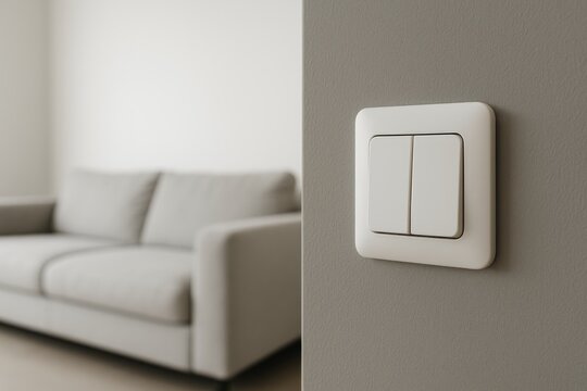 Detailed view of a contemporary dual light control mounted on a grey wall with a cozy sofa and minimalist decor in the background